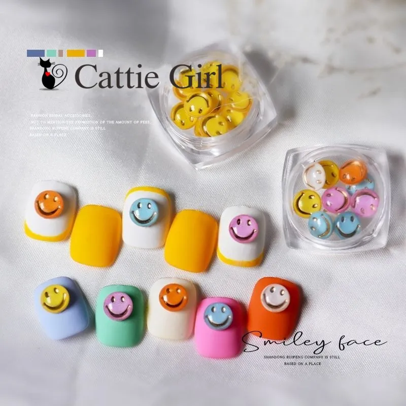 

10pcs/box 3D Smiley Face Candy Color Yellow Happy Face Nail Studs Japanese Manicure Nail Smile Decoration Nail Art Nail Salon