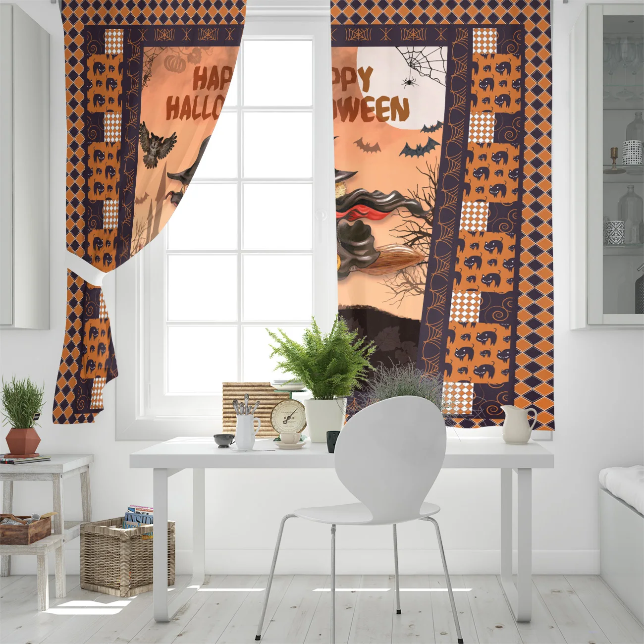 Halloween Witch Bat Texture Lattice Castle Curtains for Living Room Children Bedroom Decor Home Kitchen Products Windows Drapes | Дом и сад