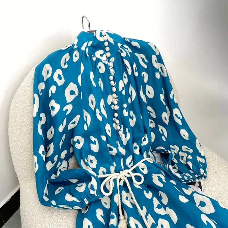 

2021 Summer High Quality Women Clothing Linen Geometric Pattern Blue A-line Long Flare Sleeve Elegant Dresses for Women Party