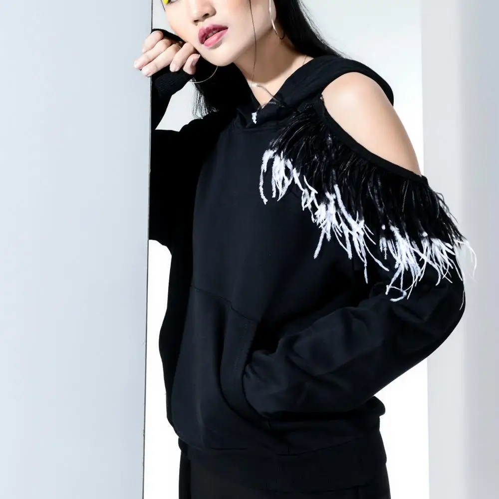

Elegant For Women Real Feathers Asymmetric Sexy Long-sleeved Hooded Sweater Long Sleeve Fashion New Clothing 2020
