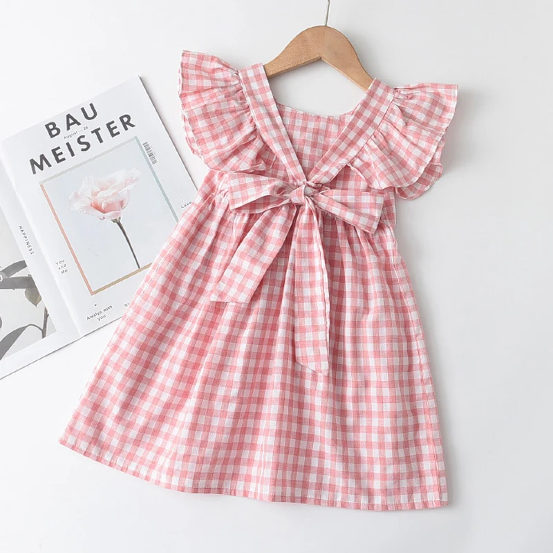 

Girls Casual Dress 2021 New Summer Kids Sleeveless Costume Sweet Plaid Dresses Children Bow-knot Clothing Suits 3-7 Years