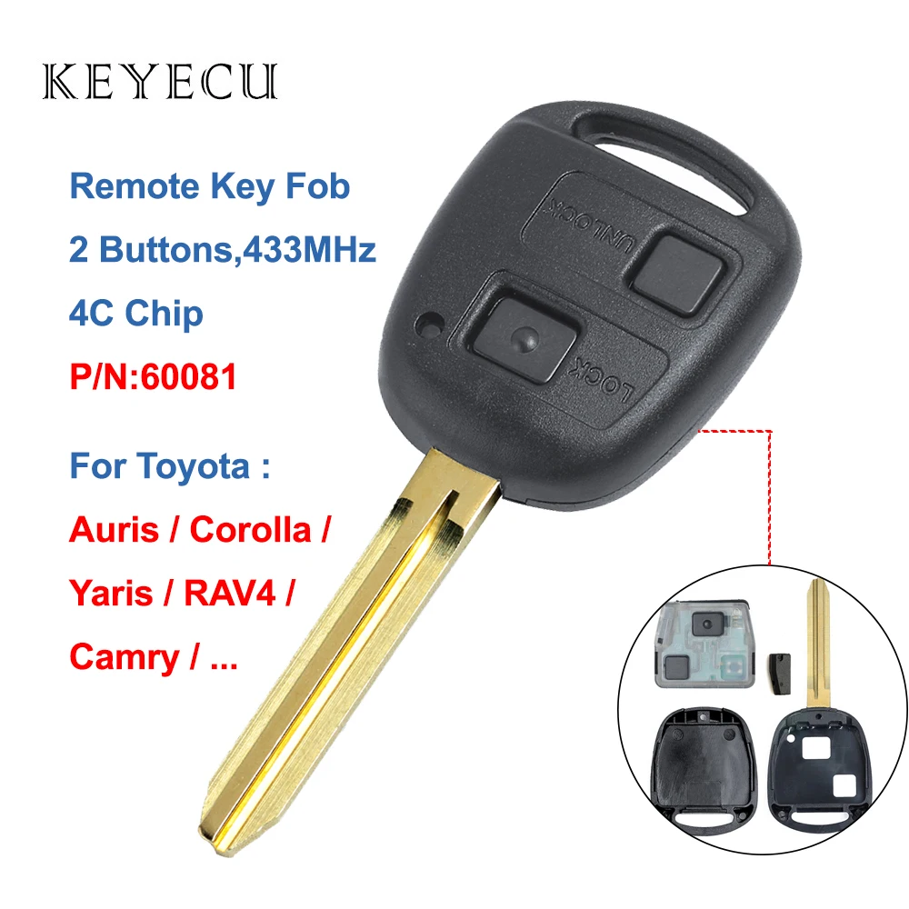 

Keyecu Remote Car Key Fob 433MHz 4C for Toyota Auris Corolla Highlander Yaris RAV4 Land Cruise Prado Avensis Camry P/N:60081