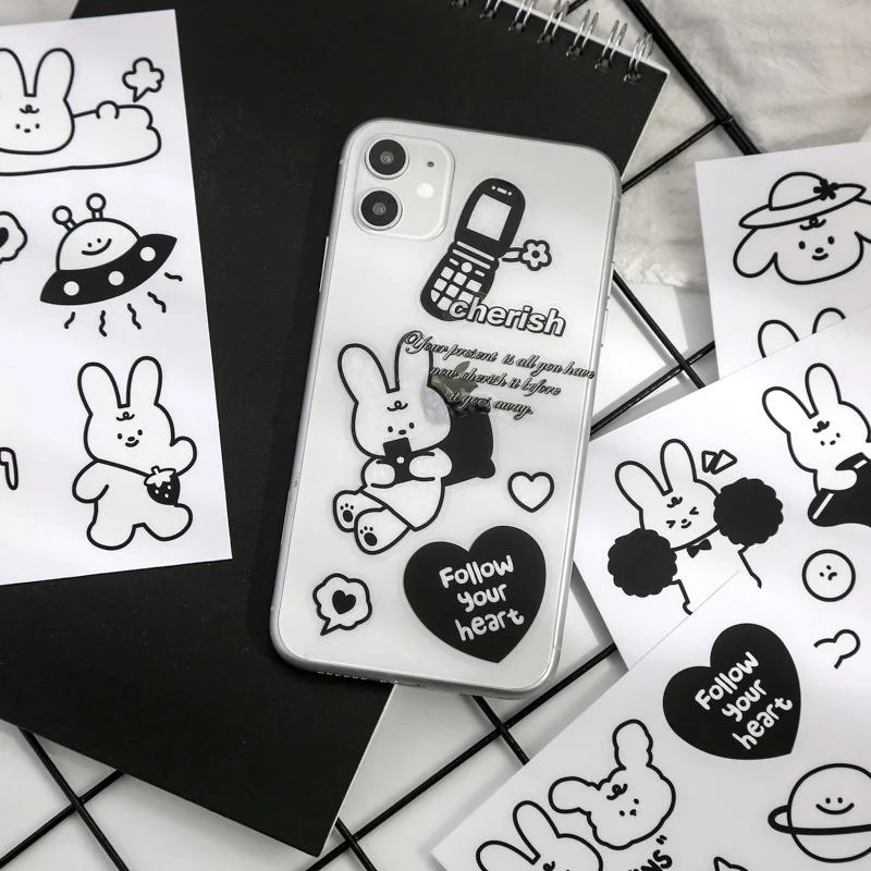 

4 sheet Cute DIY PVC Black White Sticker Cartoon Rabbit Girl Dinosaur Dogs Ablum Diary Scrapbooking Label DIY Sticker Stationery