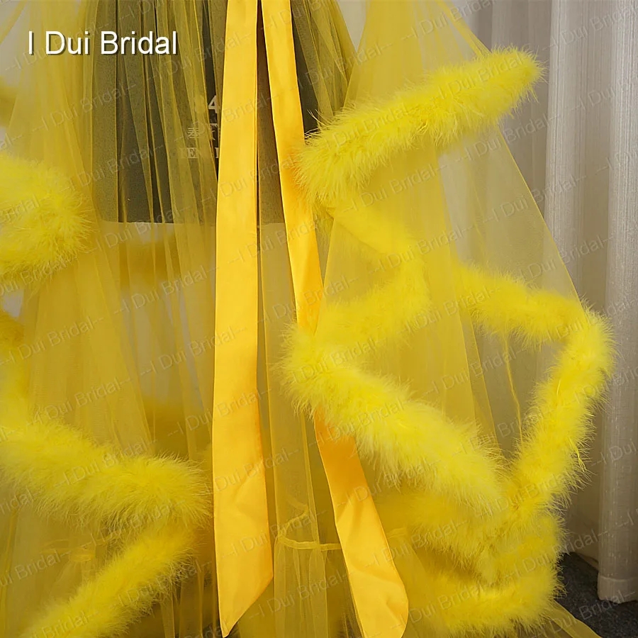 Женский фатиновый шарф с длинным рукавом желтое Прозрачное платье перьями для