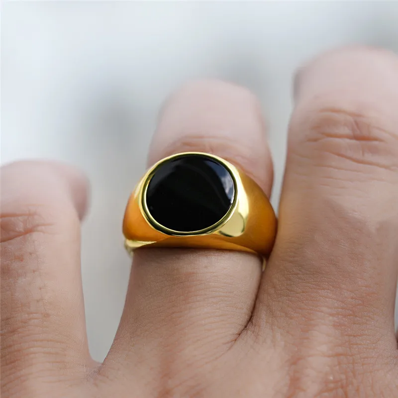 Big Round Black Stone Yellow Gold Color Rings for Men Vintage Fashion Wedding Jewelry Male Engagement Promise Ring Luxury Gifts | Украшения