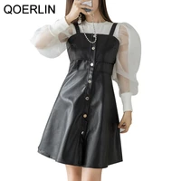 qoerlin black leather dress women summer spaghetti strap a lin buttons pu dress above knee 2022 new mini dresses sleeveless tank