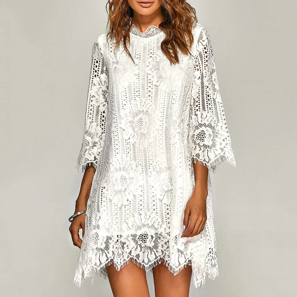 

Fashion Women's Three Quarter Sleeve O-neck Solid Lace Print Loose Mini Dress Loose Mini Party Plus Size 5XL Tunic Fashion
