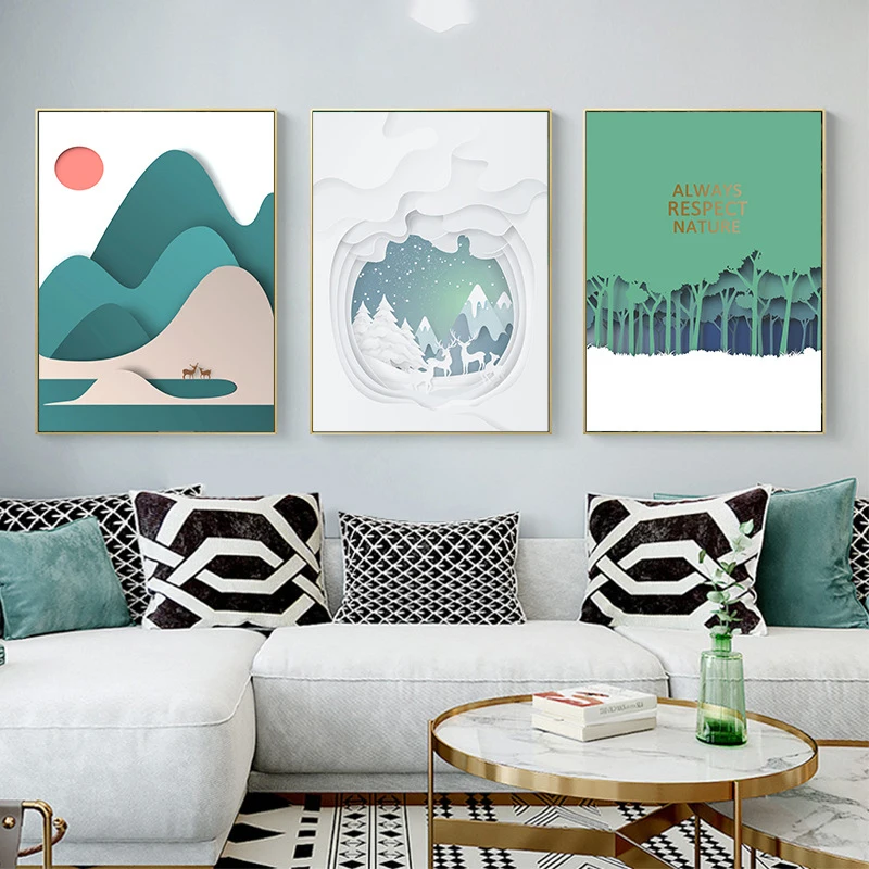 Свежая иллюстрация мультяшный стиль зеленые горы олень красное солнце лес