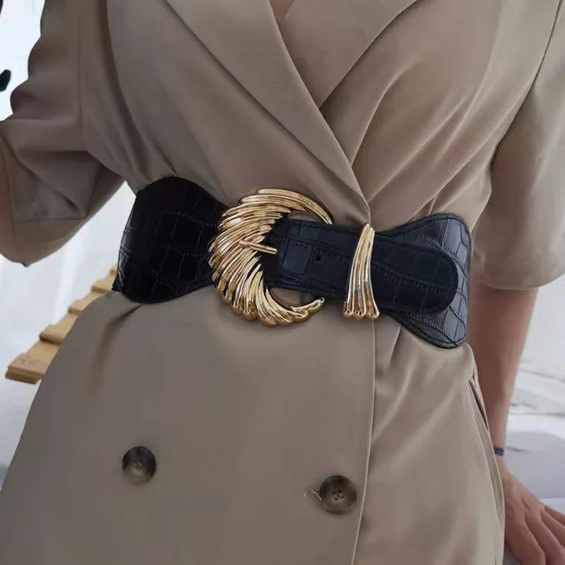 Faux Crocodile Leather Fashion Ladies Elastic Wide Girdle Shell Shape Alloy Pin Buckle Belt Versatile Dress Sweater Waisstband