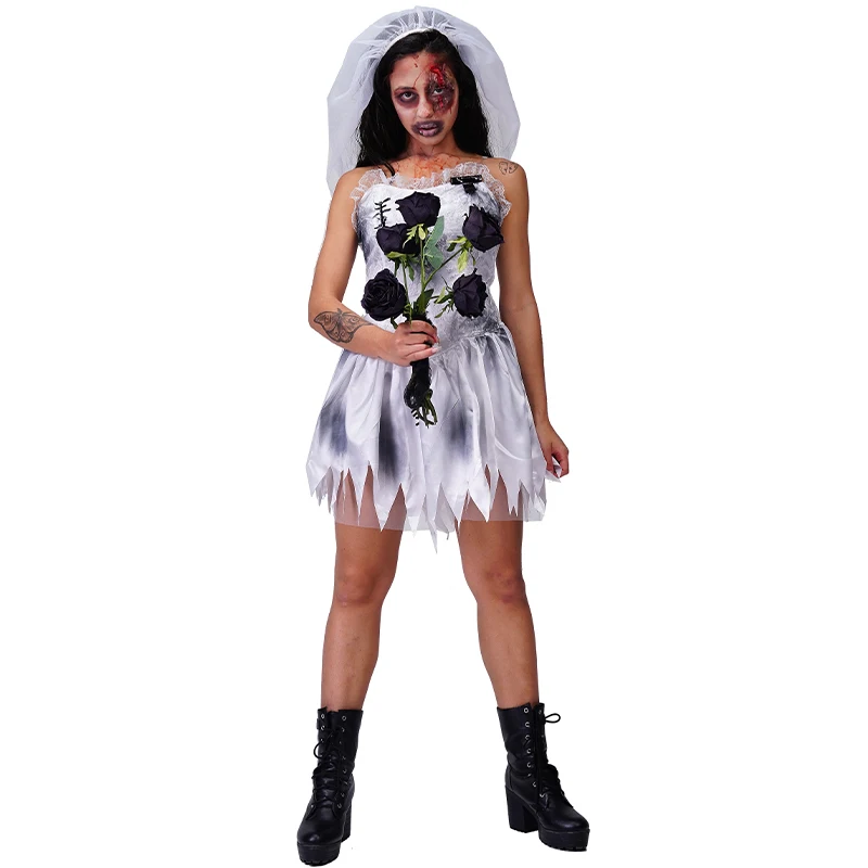 

Halloween Ghost Bride Sexy Dress Cosplay Costumes Carnival Adult Women Zombie Short Dress Headwear Scary Performance Clothes