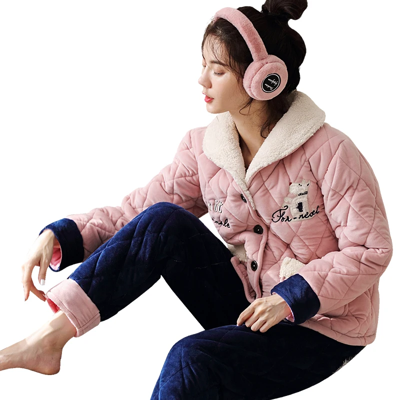 

Большие размеры, M-2XL, женские пижамы, зимний пижамный комплект из хлопка, Толстая Повседневная Домашняя одежда, теплая одежда для сна, Пижама...