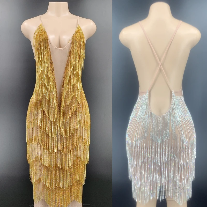

Dj Rhinestone Dress Mesh Drill Chain Fringed Stretch Dress Stage Costume Female Nightclub Bar Dj Drag Queen Costumes DN10948