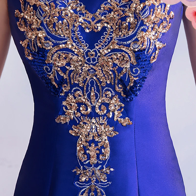 

Evening Dress Vintage Luxury Blue Short Sequined Jersey Floor-Length Elegant Trumpet O-Neck Embroidery Women Formal Gown TS492