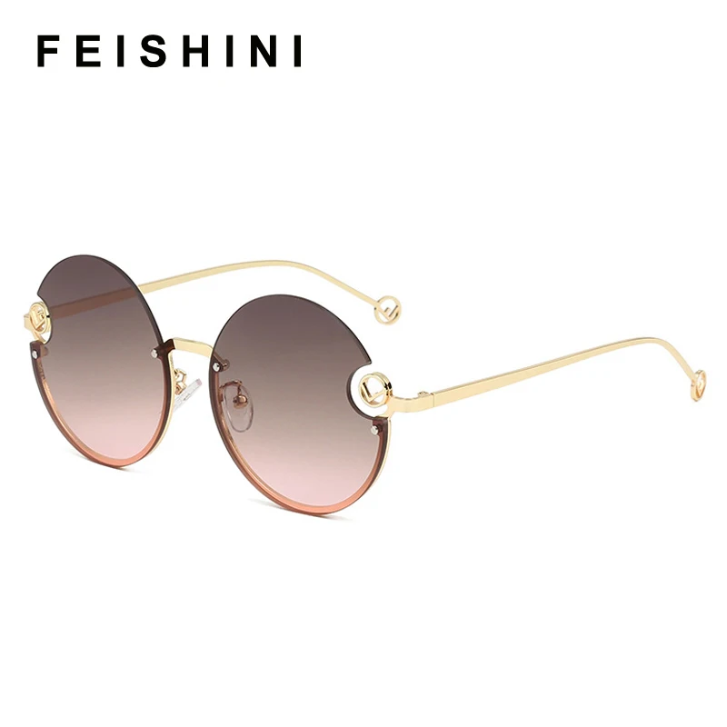 Женские круглые солнцезащитные очки FEISHINI с металлической оправой модные