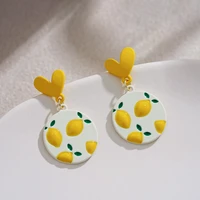 xiyanike yellow heart lemon acrylic drop earrings round alloy ear accessories 2021 for women girls fashion party jewelry gift