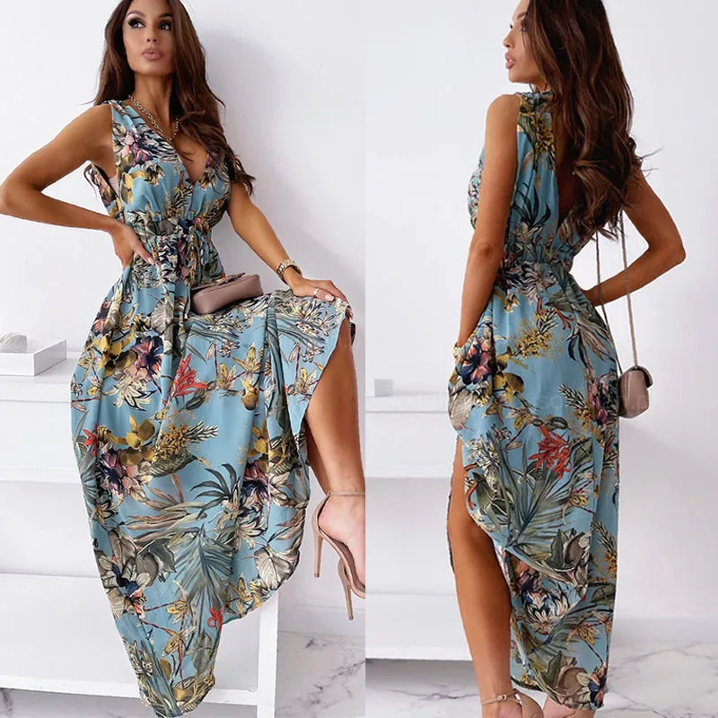 

Women'S Summer Sundresses Vintage Ladies A-Line Dress Casual Bohemian Style Print Deep V Neck Long Length Sexy Dress Vestidos