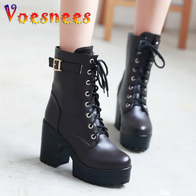 

Classics Women Ankle Boots Fashion Lace Up Thick Heel Motorcycle Martin Boots Waterproof Platform Belt Buckle High Heeled Shoes