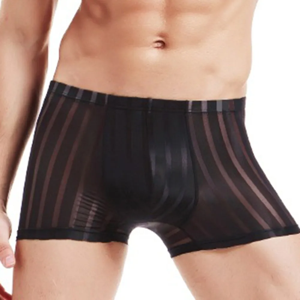 

Men Sexy Underpants See-through Boxers Fashion Sport Bottom Shorts Pant Comfy Briefs Sheer Mesh Pouch Striped Underwear Lingerie