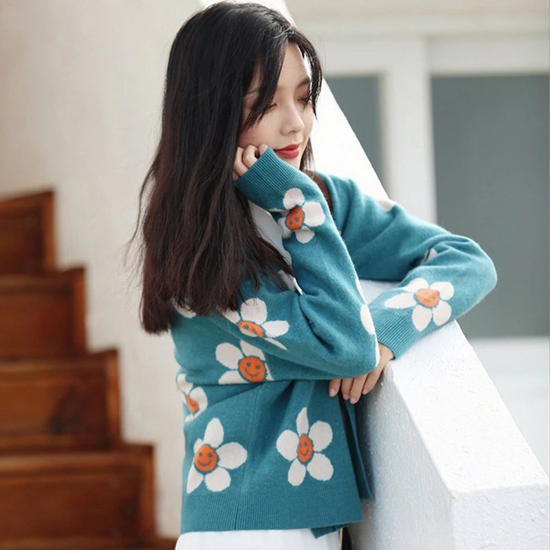 

Flower Knit Cardigans Sweater Jacket Women V Neck elegant Thicked Pull Femme Smile flower Print Short Casual Coat Preppy Style