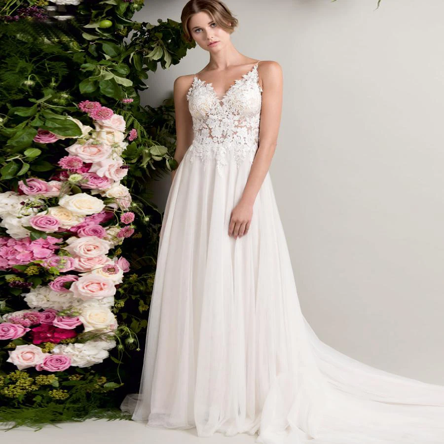 

Очаровательное свадебное платье с V-образным вырезом, свадебное платье на тонких бретельках, ТРАПЕЦИЕВИДНОЕ кружевное платье с аппликацией, свадебные платья