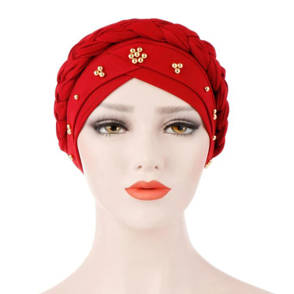 Модная мусульманская шляпа однотонный тюрбан кепка элегантные бусы коса