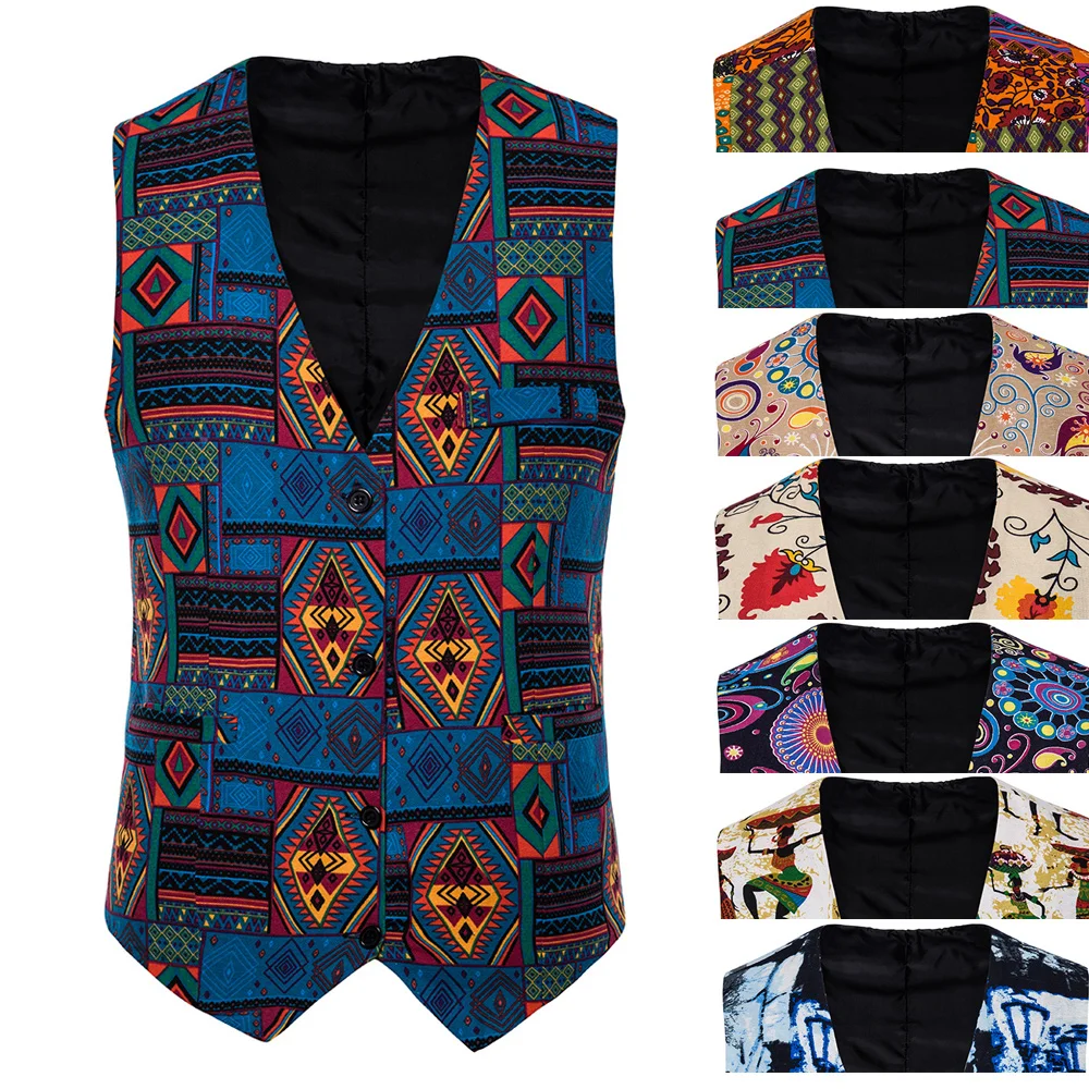 

2020 Newest Men Vests with Pants Set Linen Floral Printed Vest for Men Casual Slim fit Plus Size Man Waistcoat Sleeveless Jacket