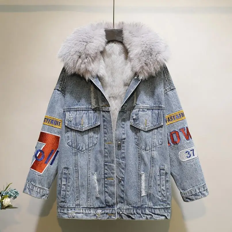 

Retro Plus Velvet Denim Jacket Women Winter New Embroidery Print Loose Fur Coat Real Fox Fur Collar Rabbit Fur Liner Thick Parka