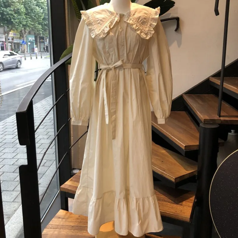 

2021 Spring Female Casual Turn Down Collar Solid Color Single Breasted Long Sleeve Lace Up Pleated Ruffles Dress Z896