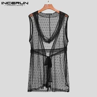 men mesh robes see through hooded sleeveless sexy homewear bathrobes open stitch comfy mens nightgown with belt incerun s 5xl