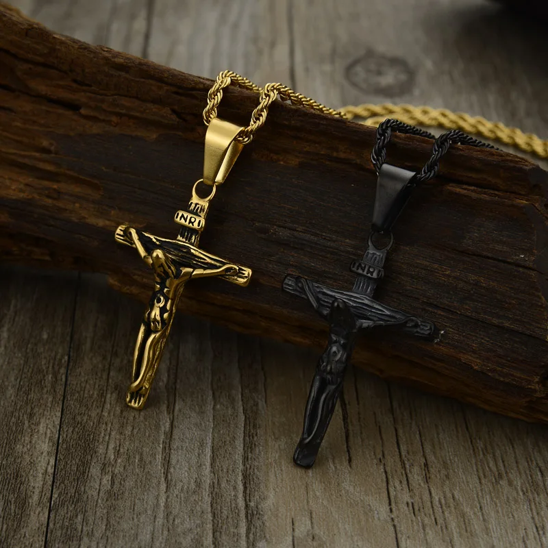 Нержавеющая сталь золото Цвет INRI Jesus частей крест кулон& Цепочки и ожерелья посеребрянное ожерелье для Для мужчин подарок Винтаж ювелирные украшения с христианской символикой