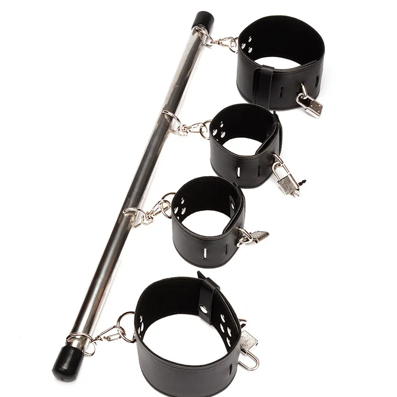 Набор фиксации SM Spade Restraint Kit Leg Spreader Bar Set с кожаными наручниками и замком для секса, стальные BDSM фиксаторы.