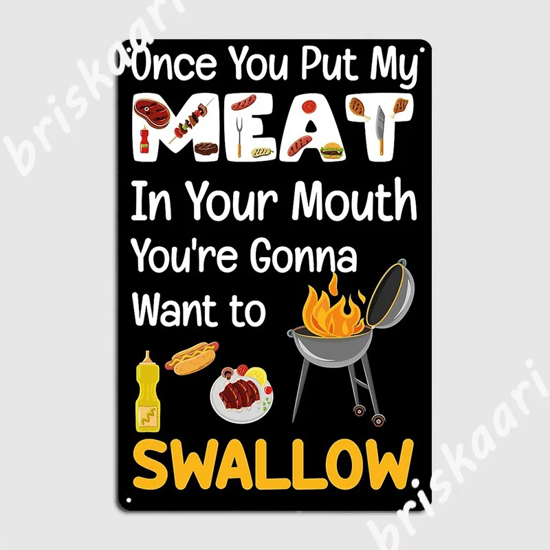 Забавный гриль барбекю, как только вы положите мое мясо в рот, плакат, металлический налет, Настенный декор, строительный плакат