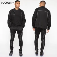 foucst autumn and winter fashion new reflective sports fitness suit mens trendy slim trousers zipper jacket