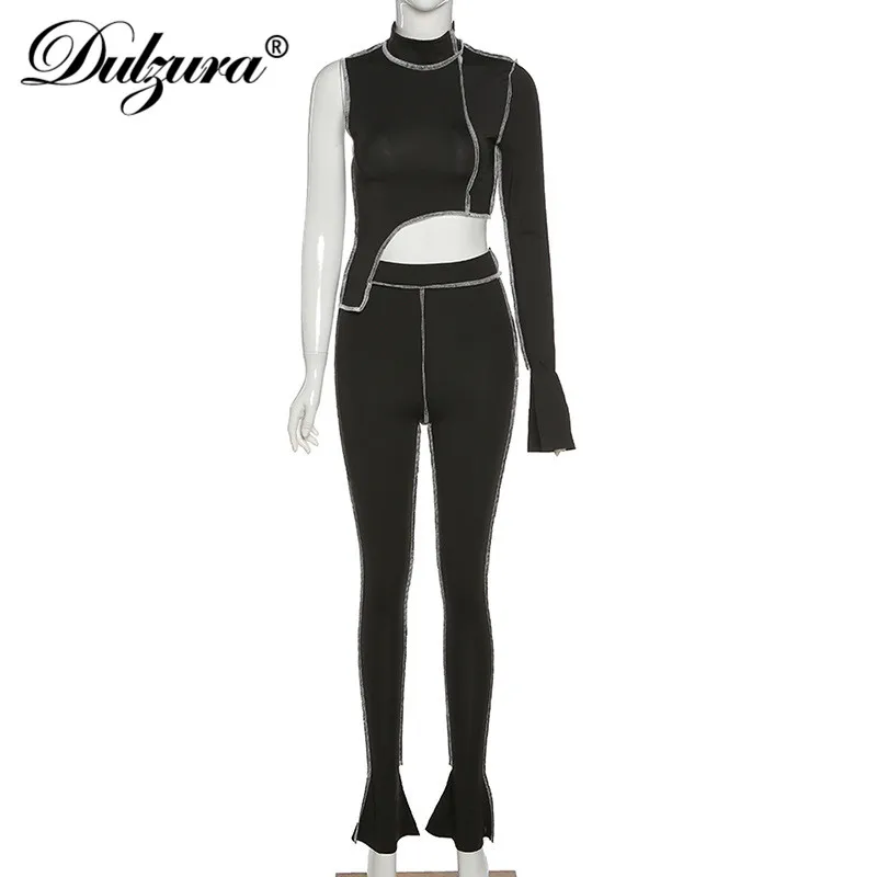 

Dulzura patchwork long flare sleeve women 2 piece set crop top one shoulder bell pants bodycon sexy streetwear tracksuit sporty