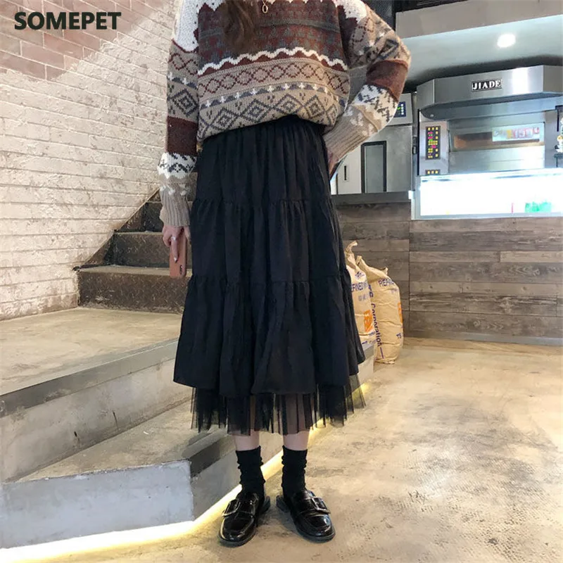 

Long Tulle Midi Skirts Womens Autumn Elastic High Waist Mesh Tutu Pleated Skirts Female Black White Long Skirt Streetwear