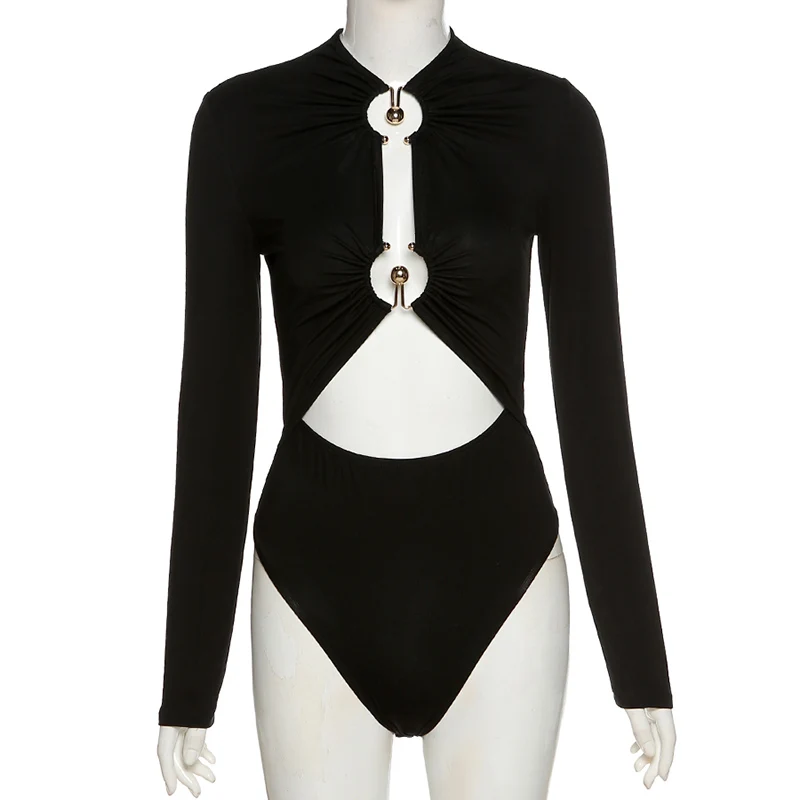 

Long Sleeve Skinny Bodysuit Women Winter Autumn Black O Neck Body Tops Sexy Hollow Jumpsuit Fashion Streetwear Outfits Overalls