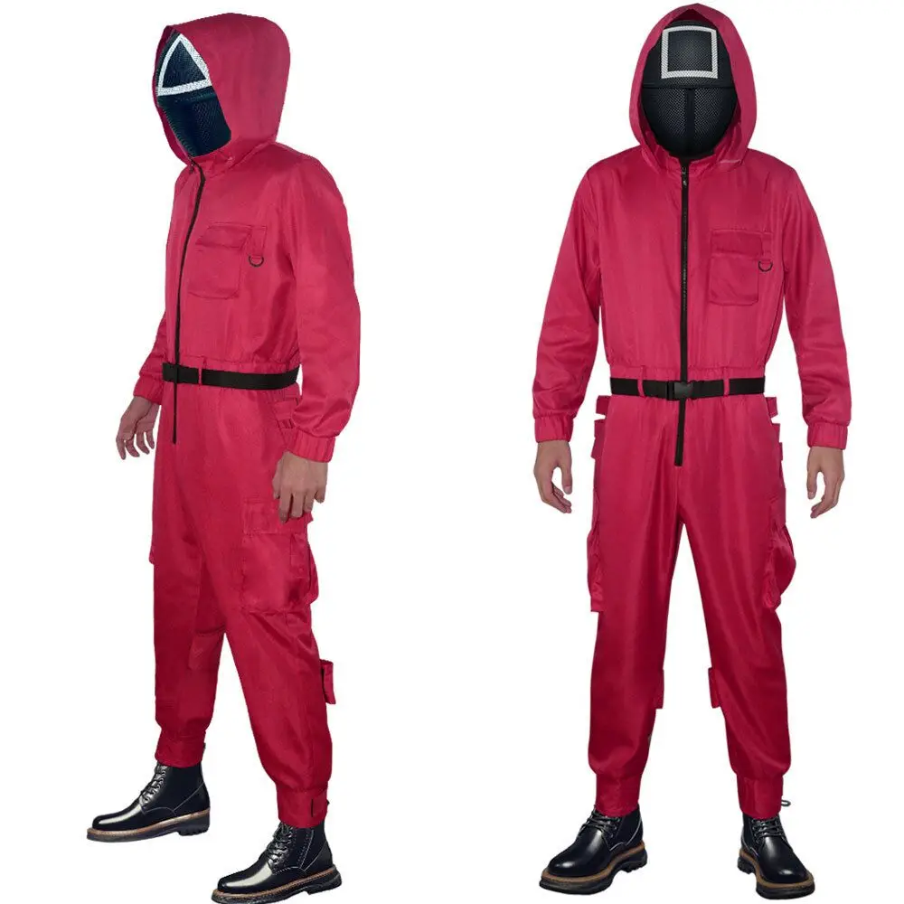 

Squid Game Villain Red Jumpsuit With Belt Halloween Cosplay Costume Adult Carnival Party Round Six Mask Clothes