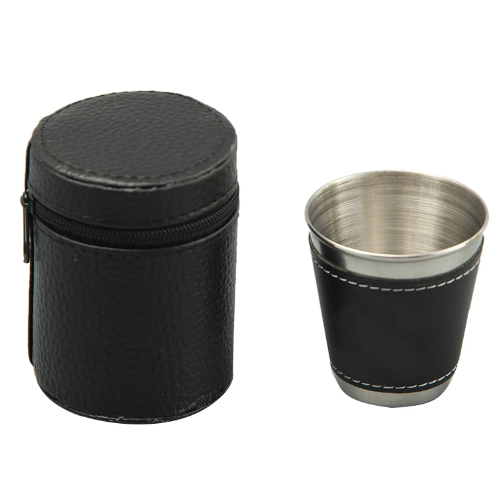 

4Pcs Cups + 1 Leather box Mini Stainless Steel Wine Alcohol Faux Leather box Travel Cup Hip Flask Travel Camping Accessories