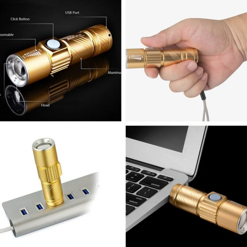 

Mini Flashlight USB Rechargeable Waterproof Zoomable LED Torch For Cycling Camping Emergency