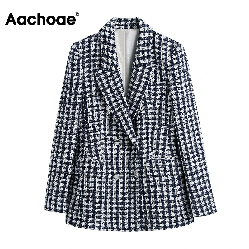 

Aachoae Women Vintage Houndstooth Tweed Blazers Double Breatsed Notched Collar Outercoat Chic Female Plaid Outweaer Tops