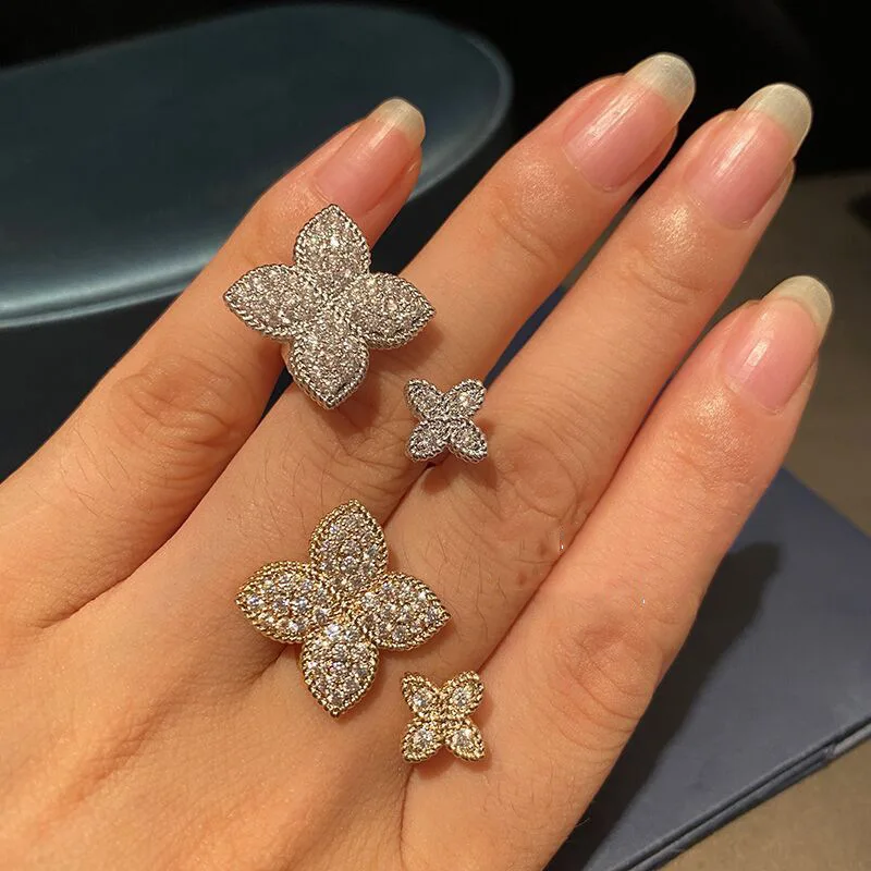 

Cute Flower Gold Silver Color Adjustable Rings with Bling Ziron Stone for Women Wedding Engagement Fashion Jewelry