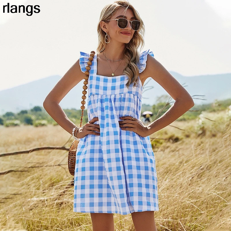 

2021 Spring New European And American Women's Plaid High Waist Open Back A-Line Skirt Casual Square Neck Suspender Dress