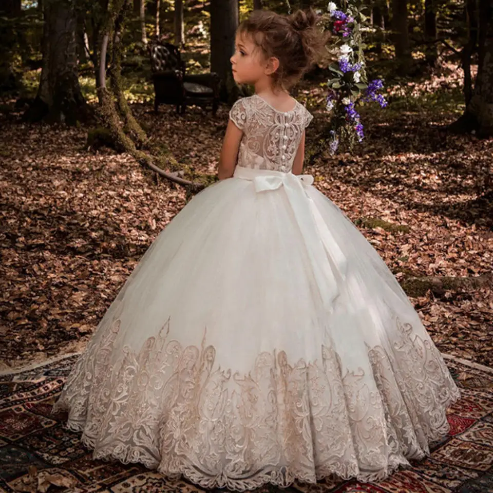 Золотое кружевное платье принцессы Платья с цветочным узором для девочек на