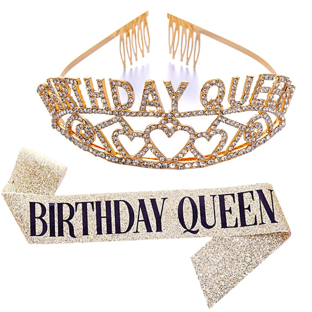 

Bling Rhinestone Crystal Crown Tiara Birthday Anniversary Decoration Happy 18 21 30 40 50th Birthday Satin Sash Party Supplies