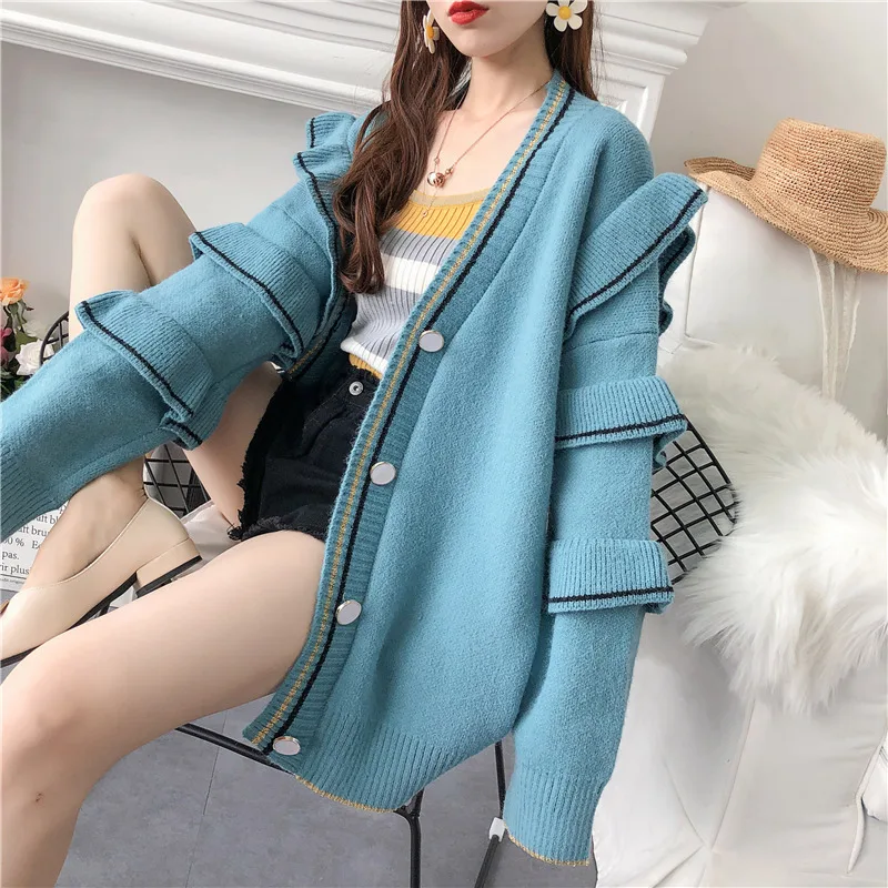 Женский однобортный Кардиган с оборками H.SA длинное пальто рукавами зима 2019 |