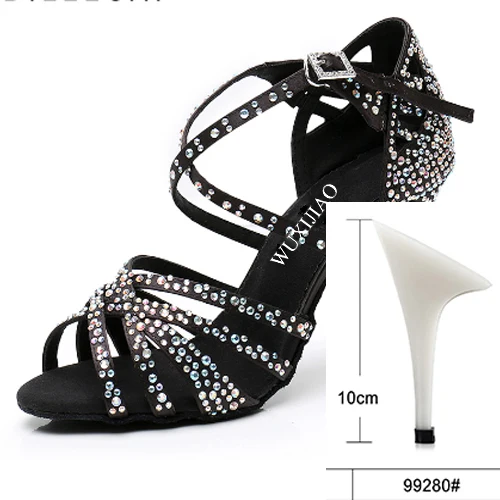 black heel 10cm WUXIJIAO Женская танцевальная обувь для вечеринки Атласная блестящая обувь для латинских танцев с мягкой подошвой и стразами Женская обувь для сальсы heel5CM-10CM - Цвет: black heel 10cm