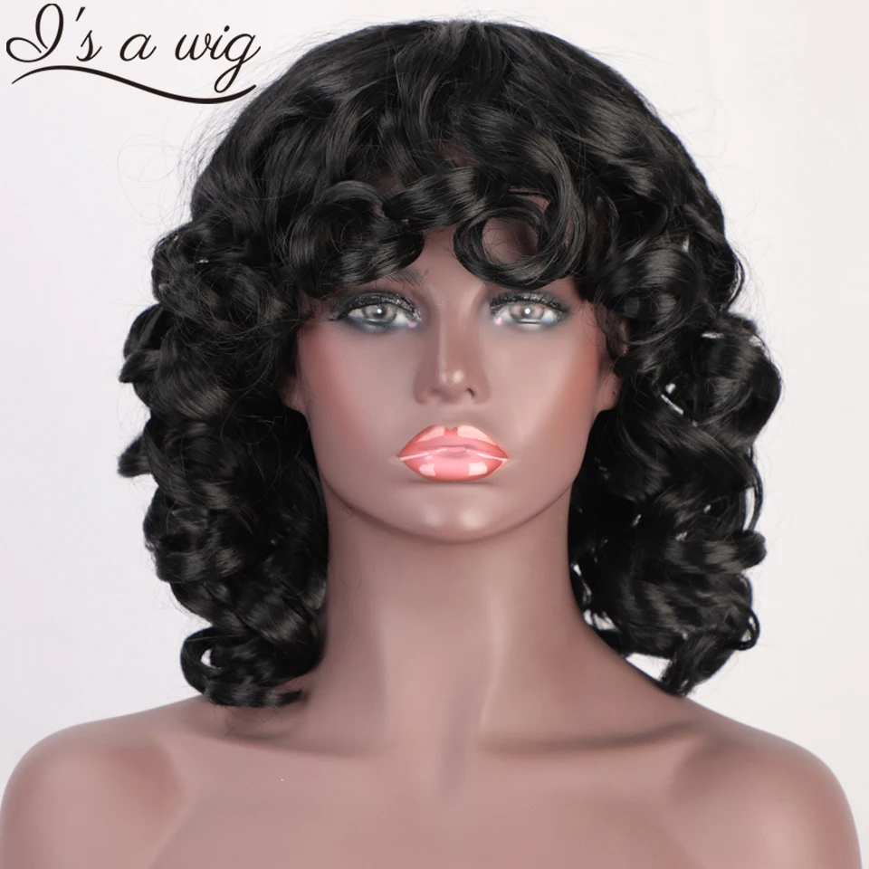 

Парик I's a wig короткий афро вьющийся парик с челкой черный темно-коричневый цвет для черных женщин ежедневное использование волос Термостойк...