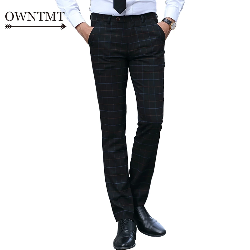 Мужские облегающие брюки в клетку темно синие прямые деловые одежда для офиса
