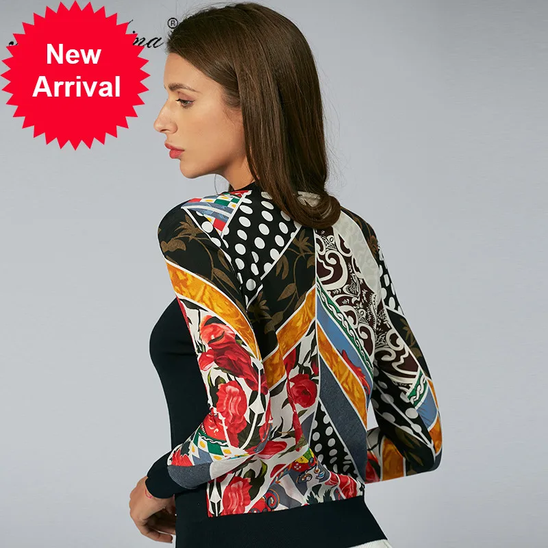

Fashion Spring Autumn Long sleeve Knitting Tops Women's Elegant Floral Print Silk Wool Sweater Pullovers