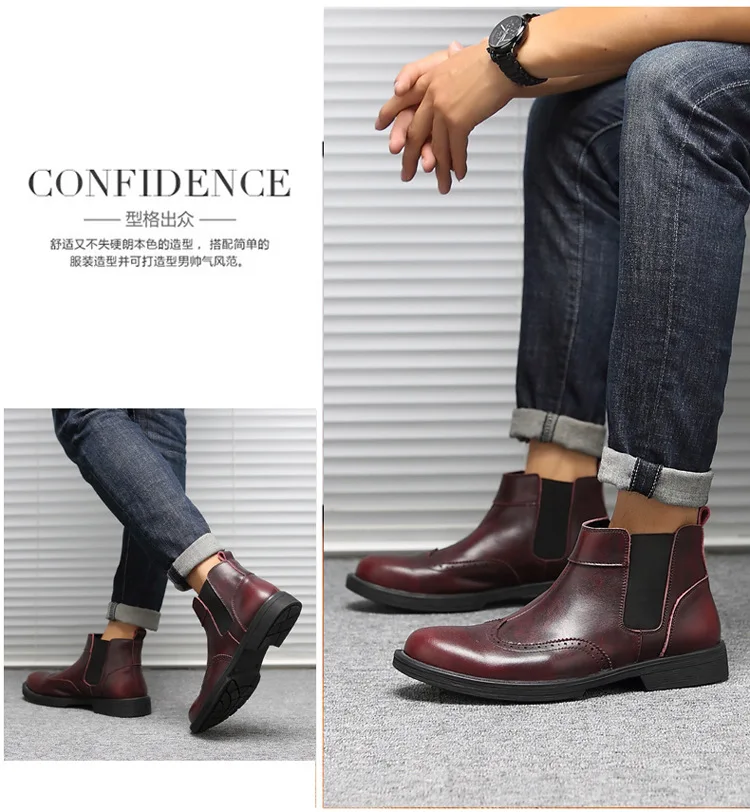 Winter PU Chelsea Boots Men Elastic Band Pointed Toe Ankle Boots Solid Casual Motorcycle Shoes Plus Size Black Brown